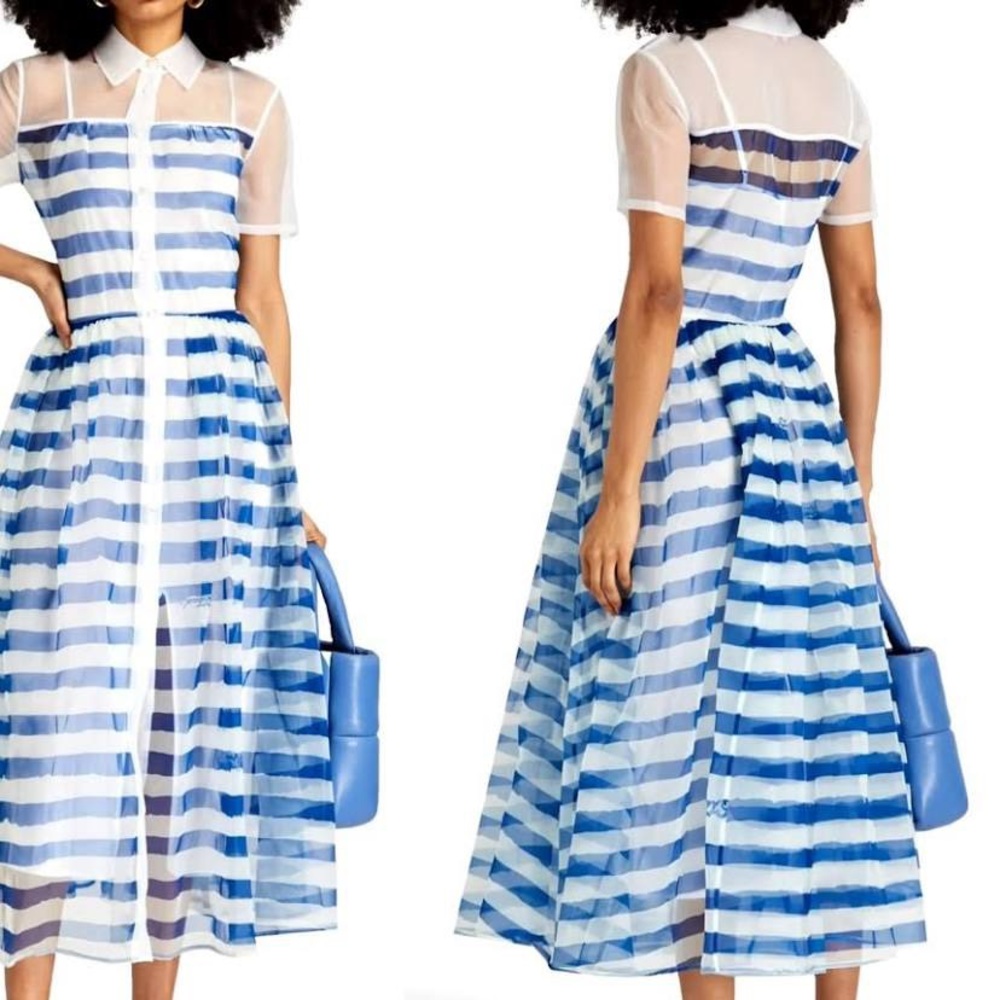 Staud Giulia Painted Stripe See Through Blue White Midi Shirt Dress size XL